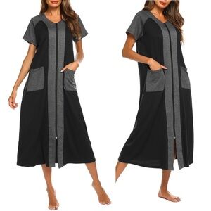 Ekouaer Dressing Gown Black Grey Short Sleeve Maxi Size‎ Small Pockets Full Zip